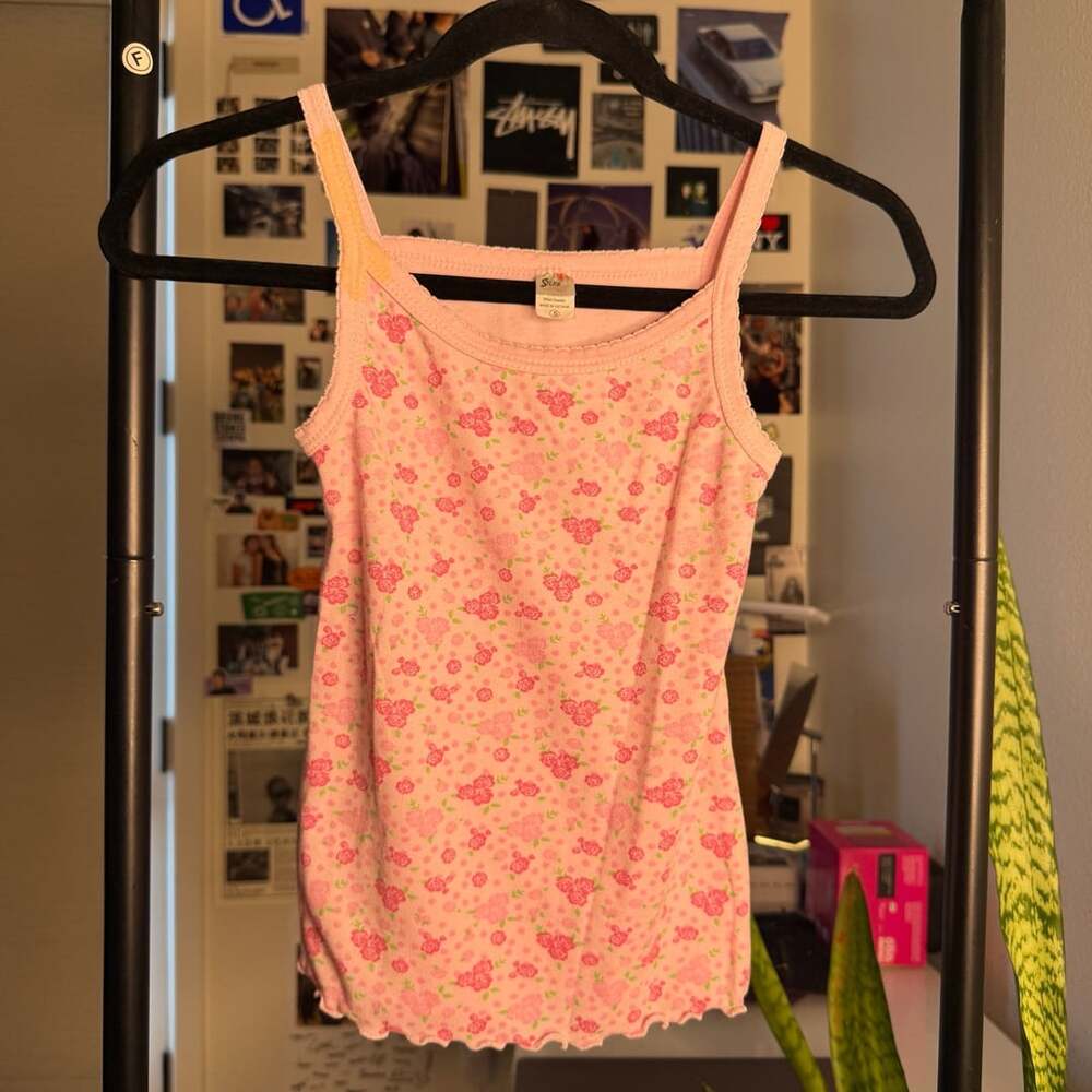 Straw Pink Floral Print Cami Top With Lettuce Edge